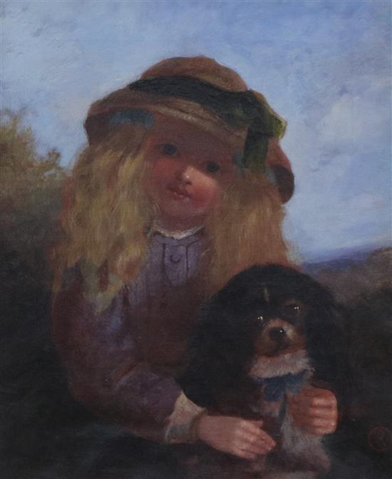 Victorian School Girl with a King Charles Spaniel 34 x 28.5cm
